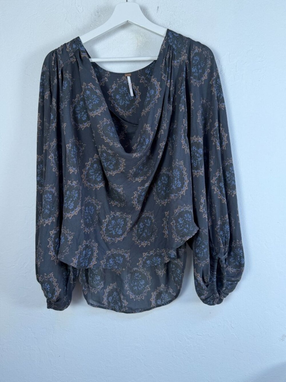 Free People Cowling Around Medallion Print Blouse Drape Top Black Blue Small